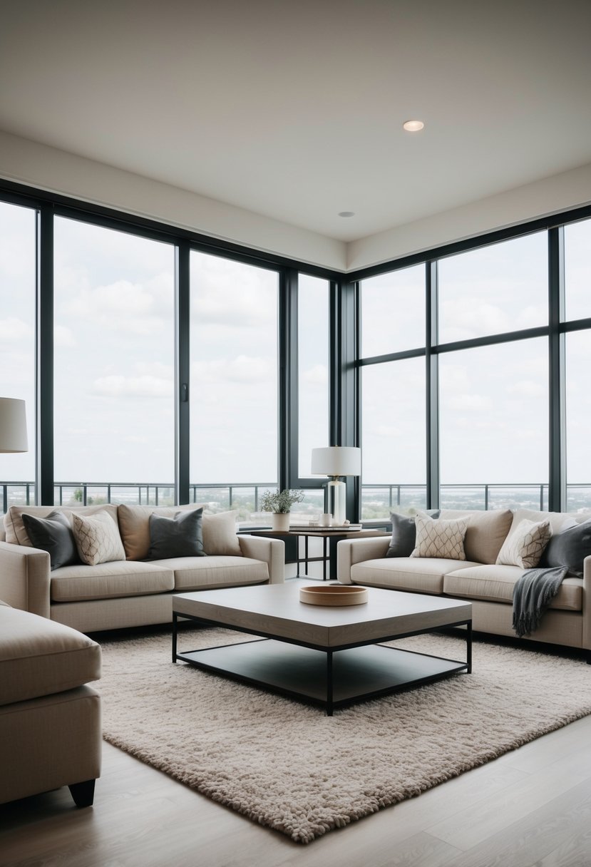 A spacious living room with beige and grey furniture, large windows, and minimalist decor