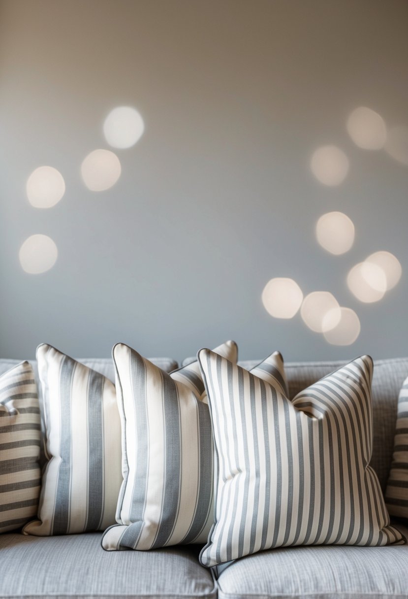 Beige and grey striped throw pillows arranged on a modern living room couch