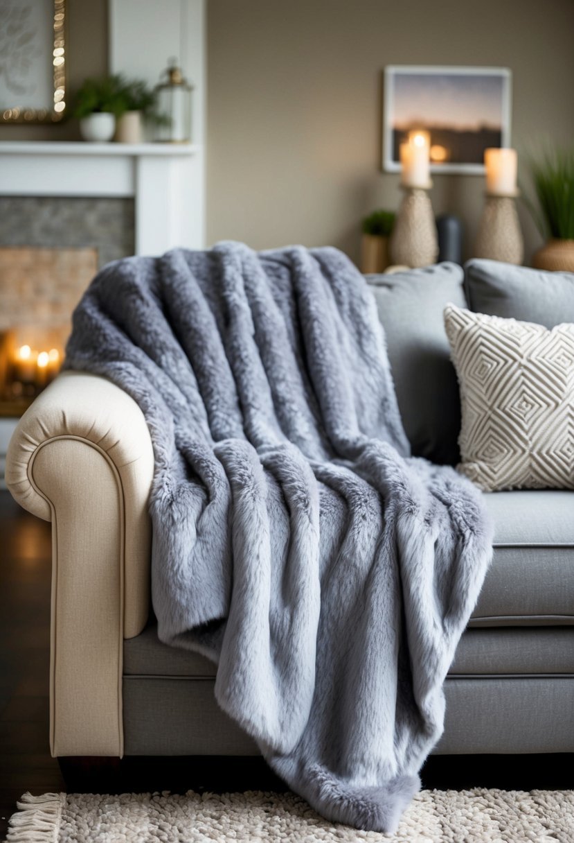 A cozy grey faux fur throw blanket draped over a beige and grey living room sofa, surrounded by warm and inviting decor