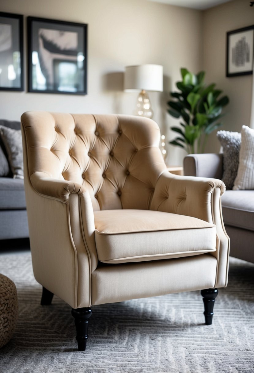 A beige velvet tufted armchair sits in a cozy living room with beige and grey decor