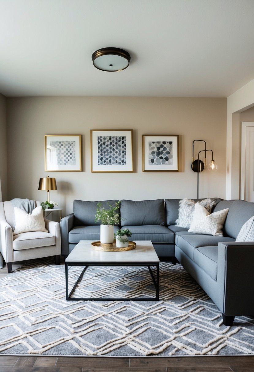 A beige and grey living room with a geometric area rug