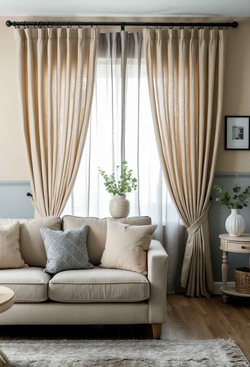 Beige linen curtains drape in a cozy living room with beige and grey accents