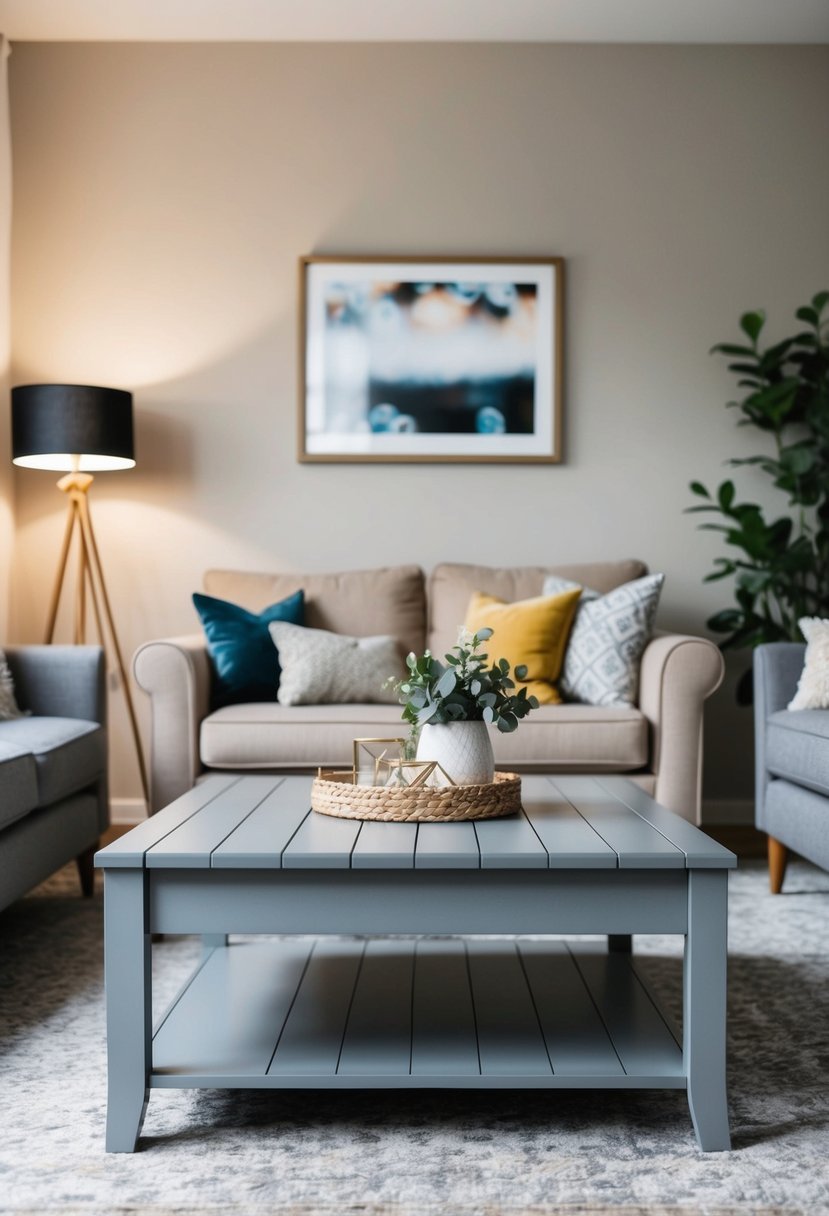 A grey wooden coffee table sits in the center of a beige and grey living room, surrounded by stylish decor and comfortable furniture