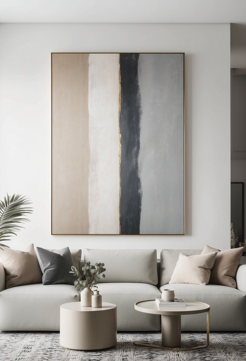 A large beige and grey abstract wall art hangs in a modern living room with minimalist decor