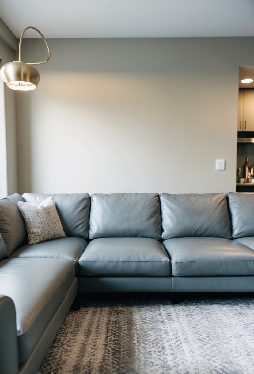 A grey leather sectional sofa in a beige and grey living room with modern decor and ample natural light