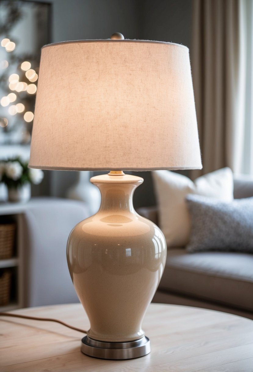 A beige ceramic table lamp illuminates a cozy living room with beige and grey decor