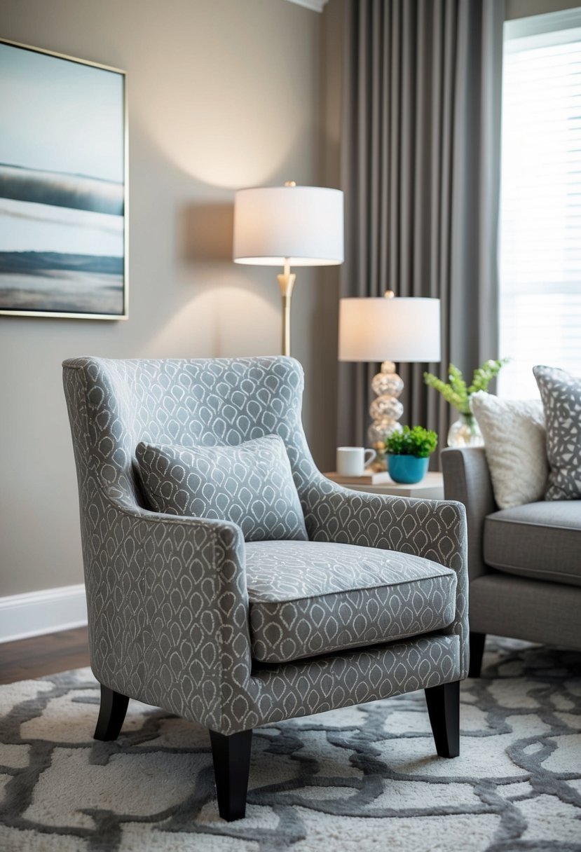 A grey patterned accent chair sits in a beige and grey living room, surrounded by modern decor and soft lighting