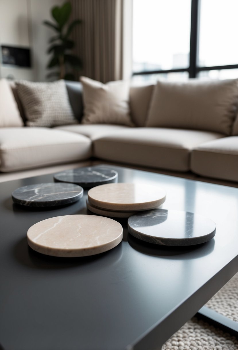 A set of beige and grey marble coasters arranged on a sleek coffee table in a modern living room with neutral color palette