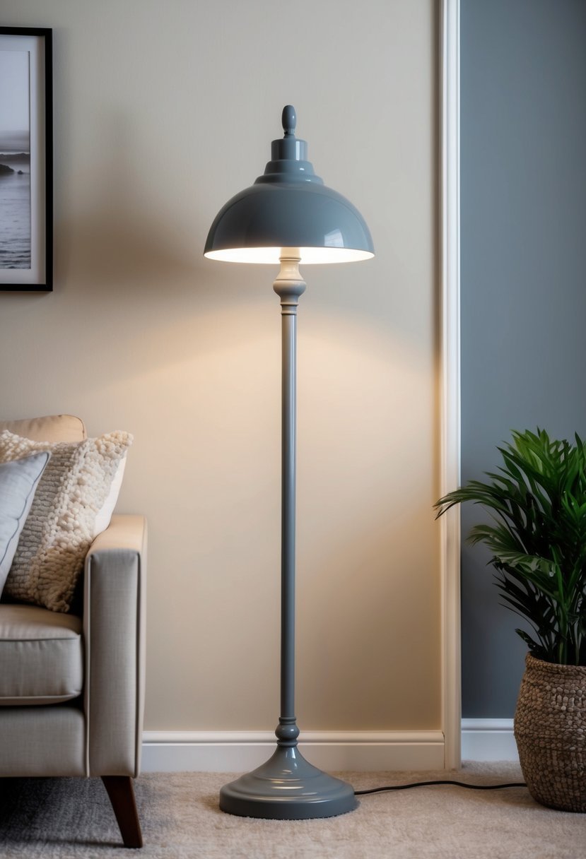 A grey metal floor lamp illuminates a cozy living room with beige and grey decor