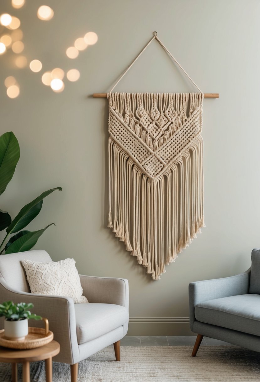 A beige macrame wall hanging hangs in a serene beige and grey living room, adding a touch of texture and warmth to the space