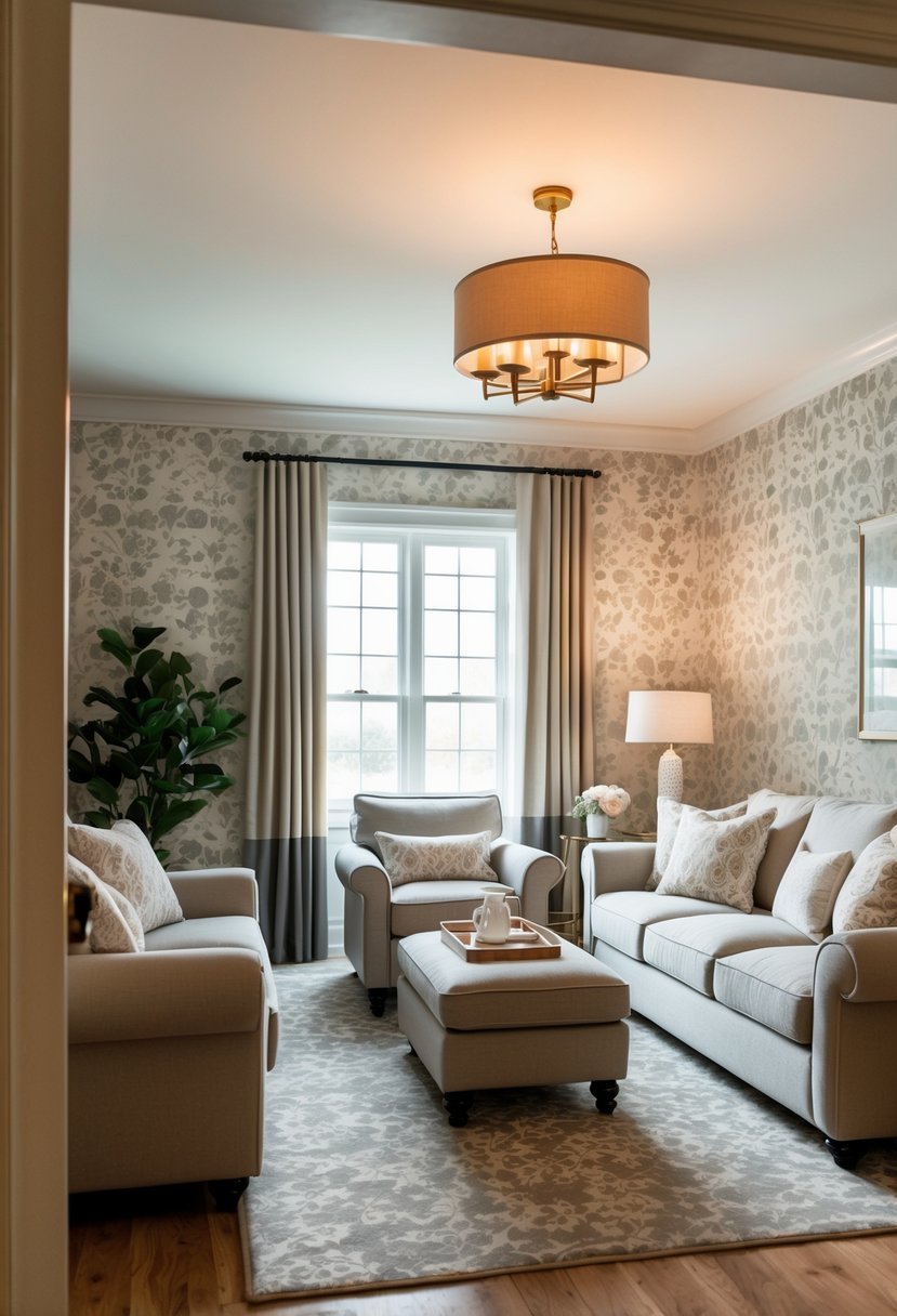 A cozy living room with beige and grey floral wallpaper, featuring comfortable furniture and warm lighting