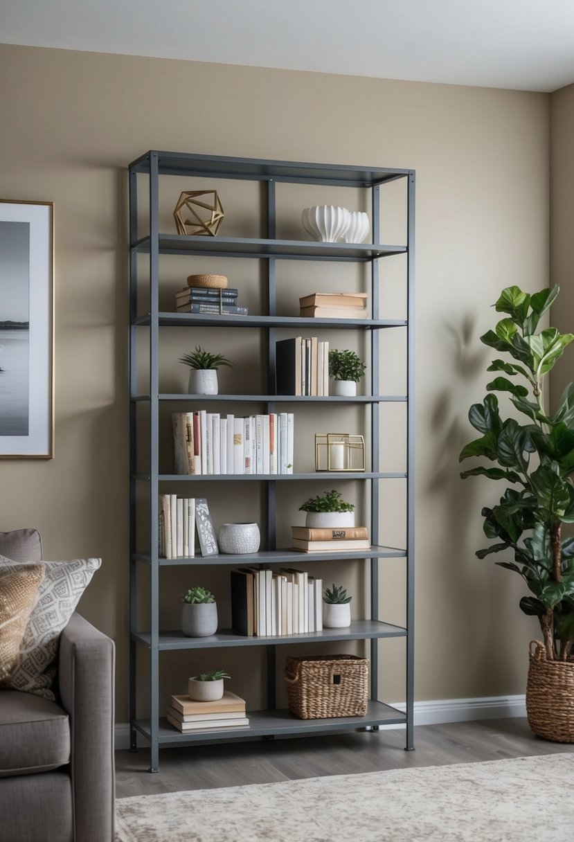 A tall industrial grey metal bookshelf stands in a beige and grey living room, filled with books and decorative items