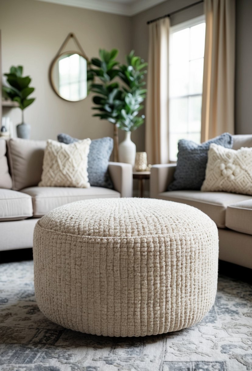 A beige boucle upholstered ottoman sits in the center of a cozy living room with beige and grey accents