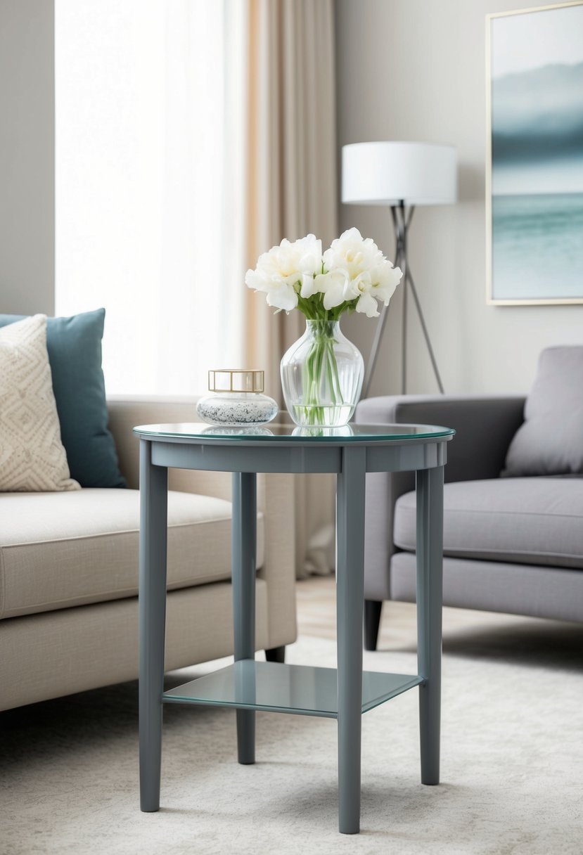 A grey glass-top side table in a beige and grey living room with minimalist decor and soft natural lighting