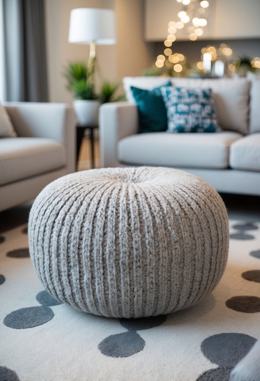 A cozy beige and grey knit pouf sits in the center of a stylish living room, surrounded by modern furniture and decor