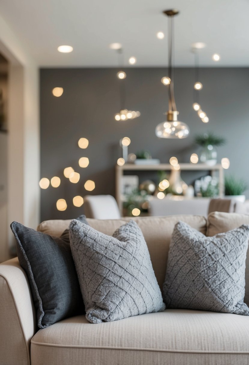 A cozy beige and grey living room with a plush grey flannel decorative pillows on a modern sofa