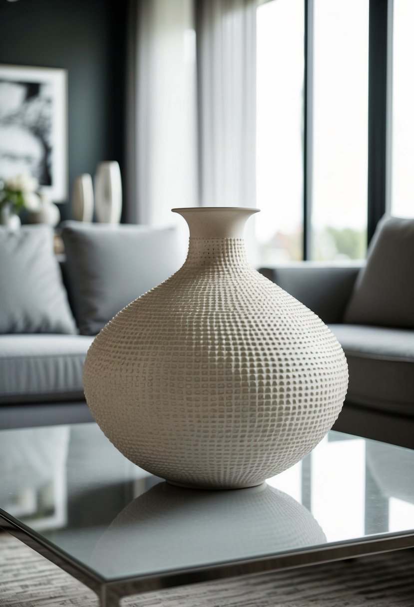 A beige and grey textured vase sits on a sleek modern coffee table in a stylish living room