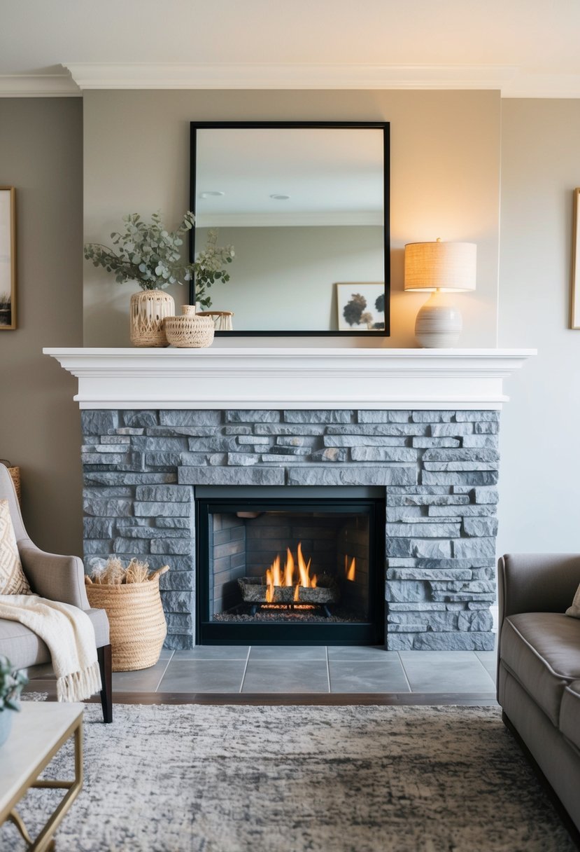 A grey stone fireplace mantel in a beige and grey living room, with cozy furnishings and warm lighting