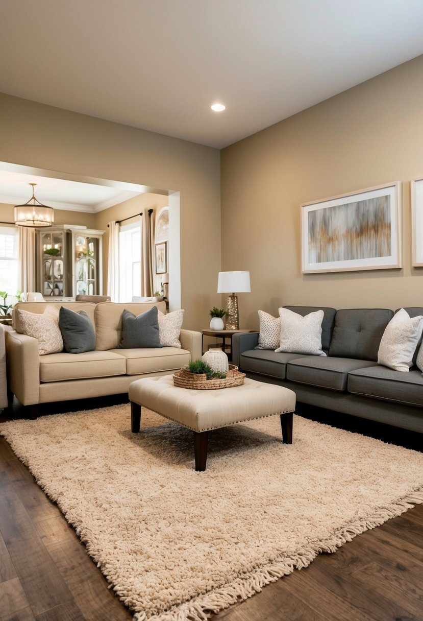 A cozy living room with a beige wool area rug, adorned with beige and grey furnishings, creating a warm and inviting atmosphere