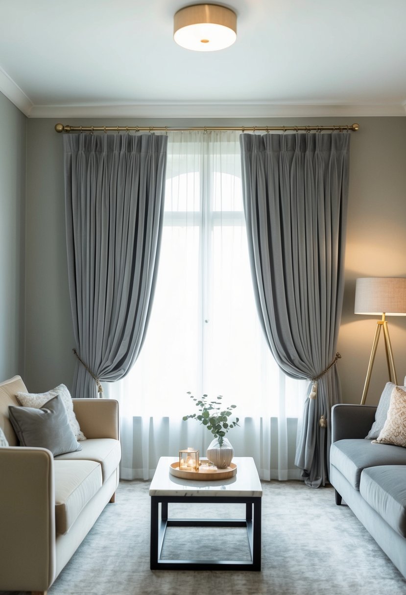 The grey velvet curtains frame a beige and grey living room, with cozy furnishings and soft lighting