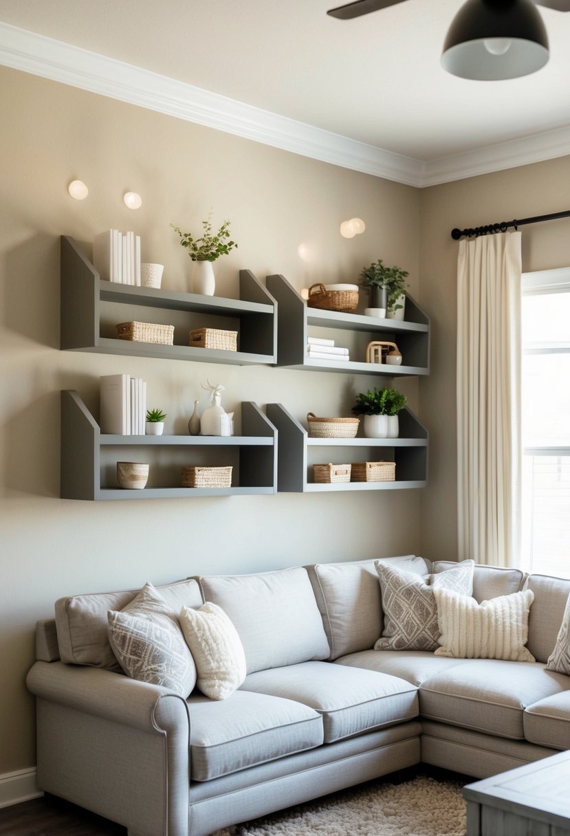 Beige and grey wooden wall shelves in a cozy living room setting