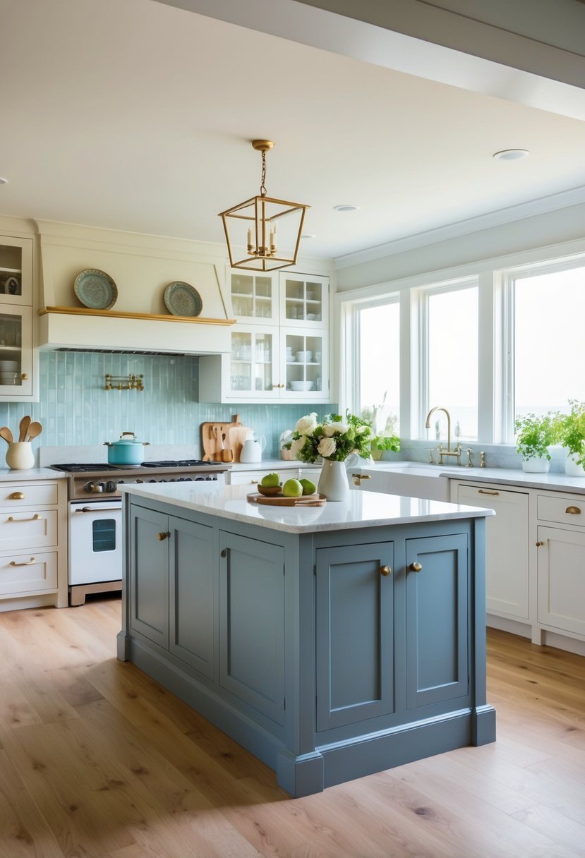 Incorporating a blue island into the kitchen can instantly elevate the decor and enhance a coastal feel