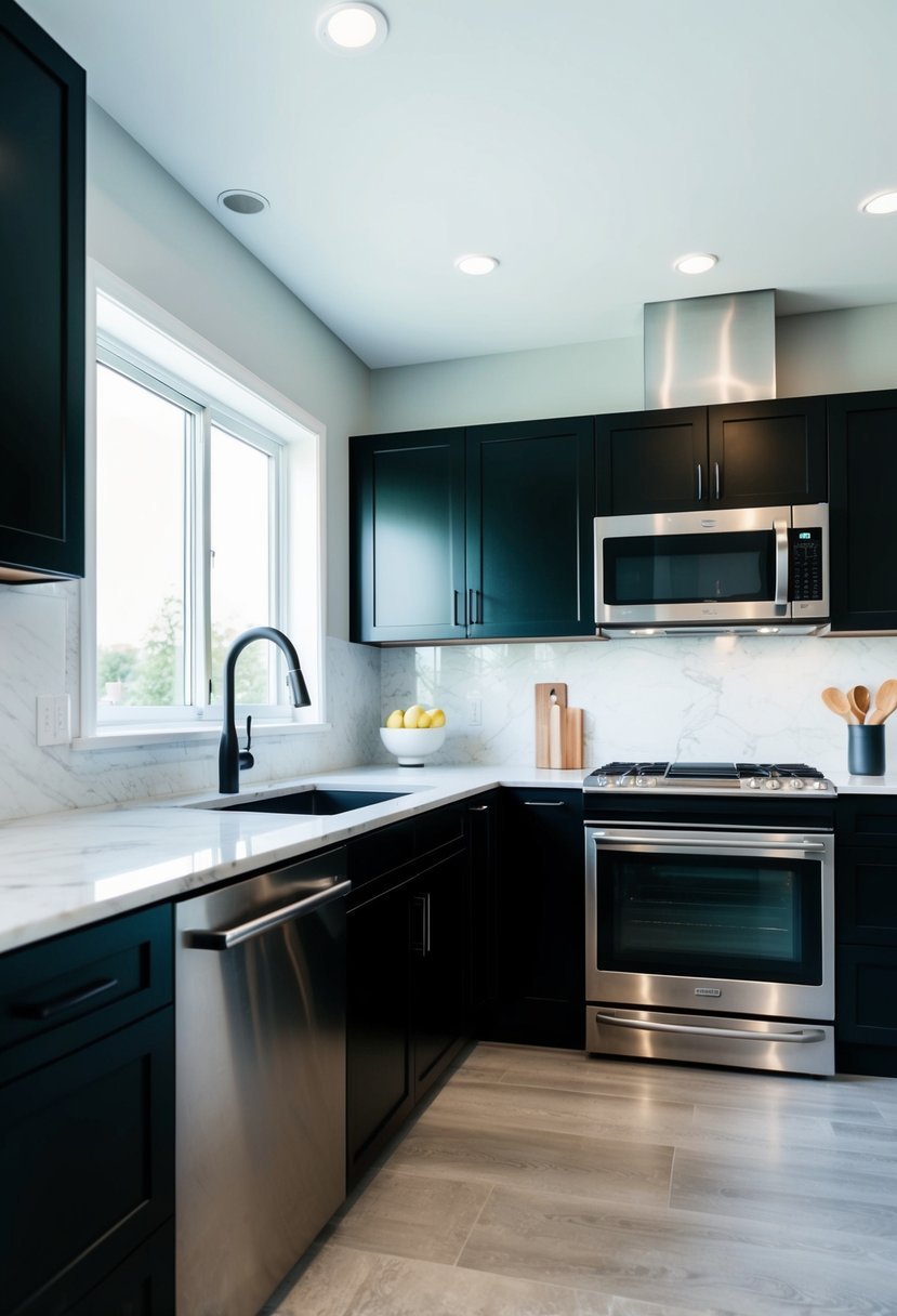 A sleek, modern kitchen with black cabinetry, stainless steel appliances, and marble countertops