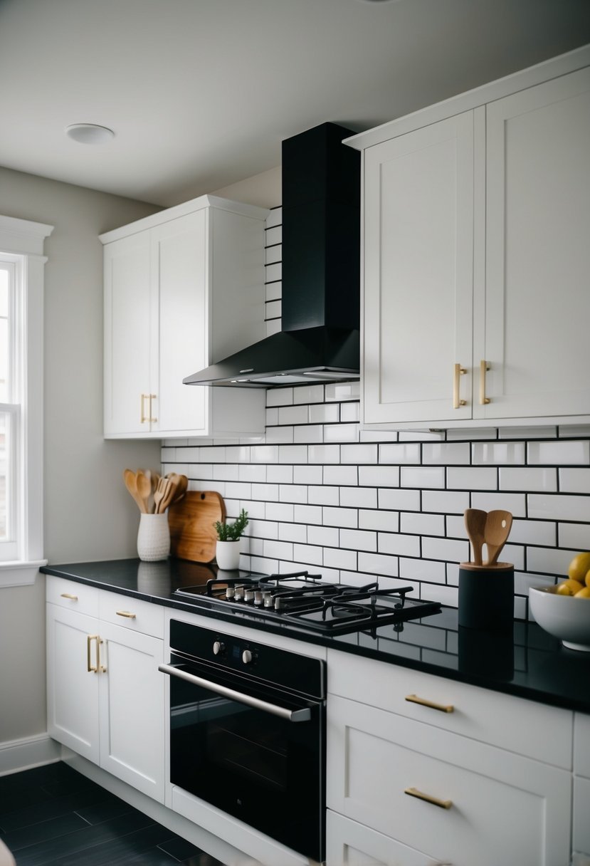 A modern kitchen with subway tile backsplash in black grout