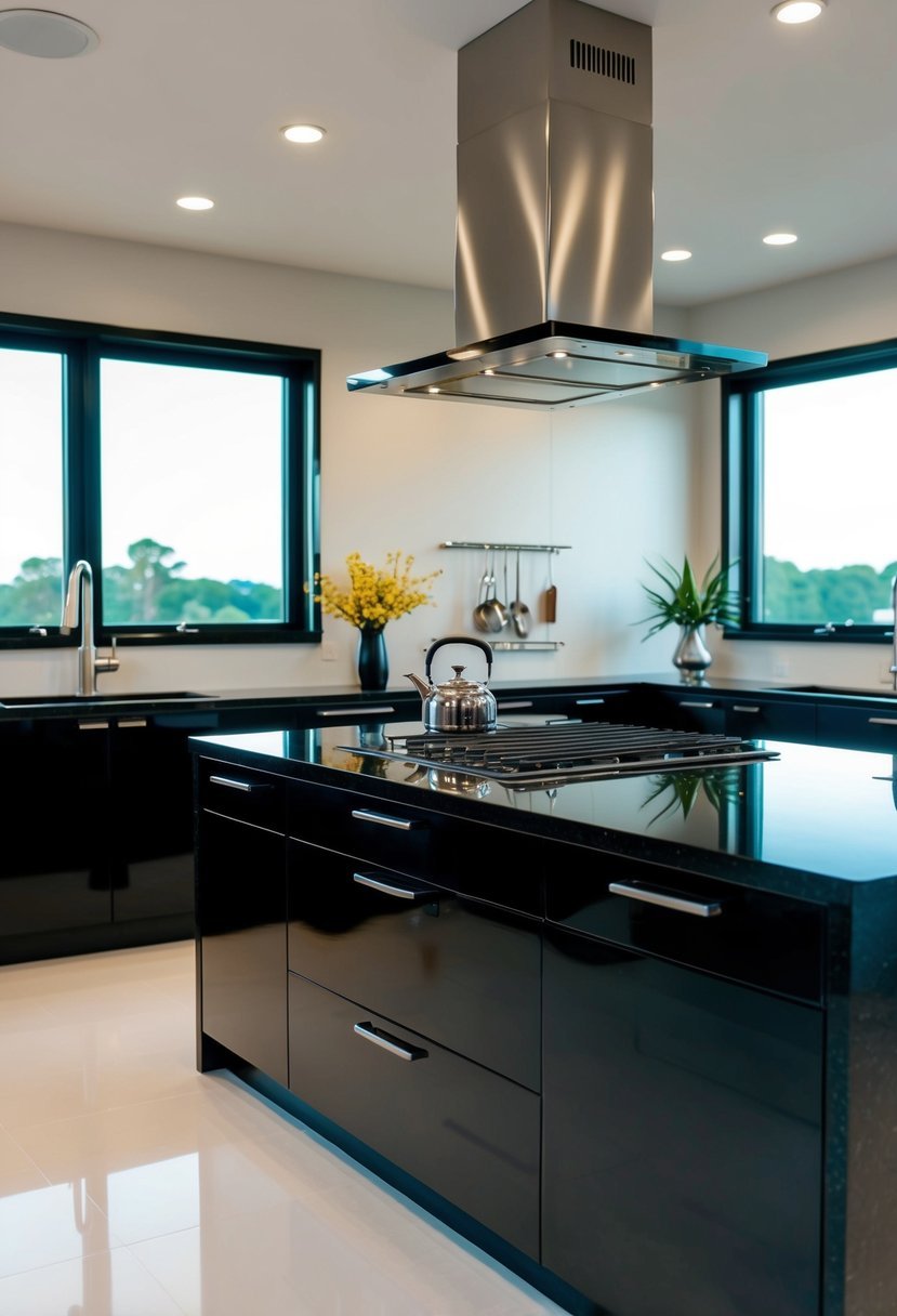 Sleek black quartz countertops in modern kitchens with various styles and designs