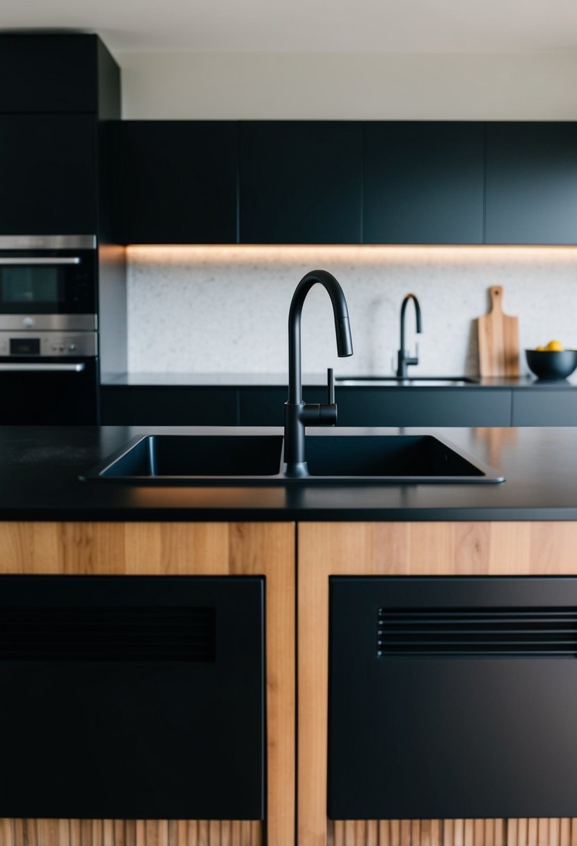 A sleek matte black kitchen sink surrounded by 25 black kitchens