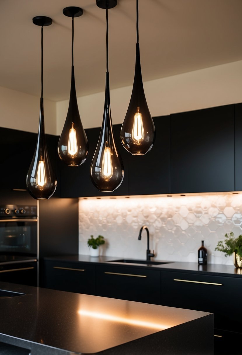 Glowing teardrop black pendant lights illuminate 25 sleek black kitchens