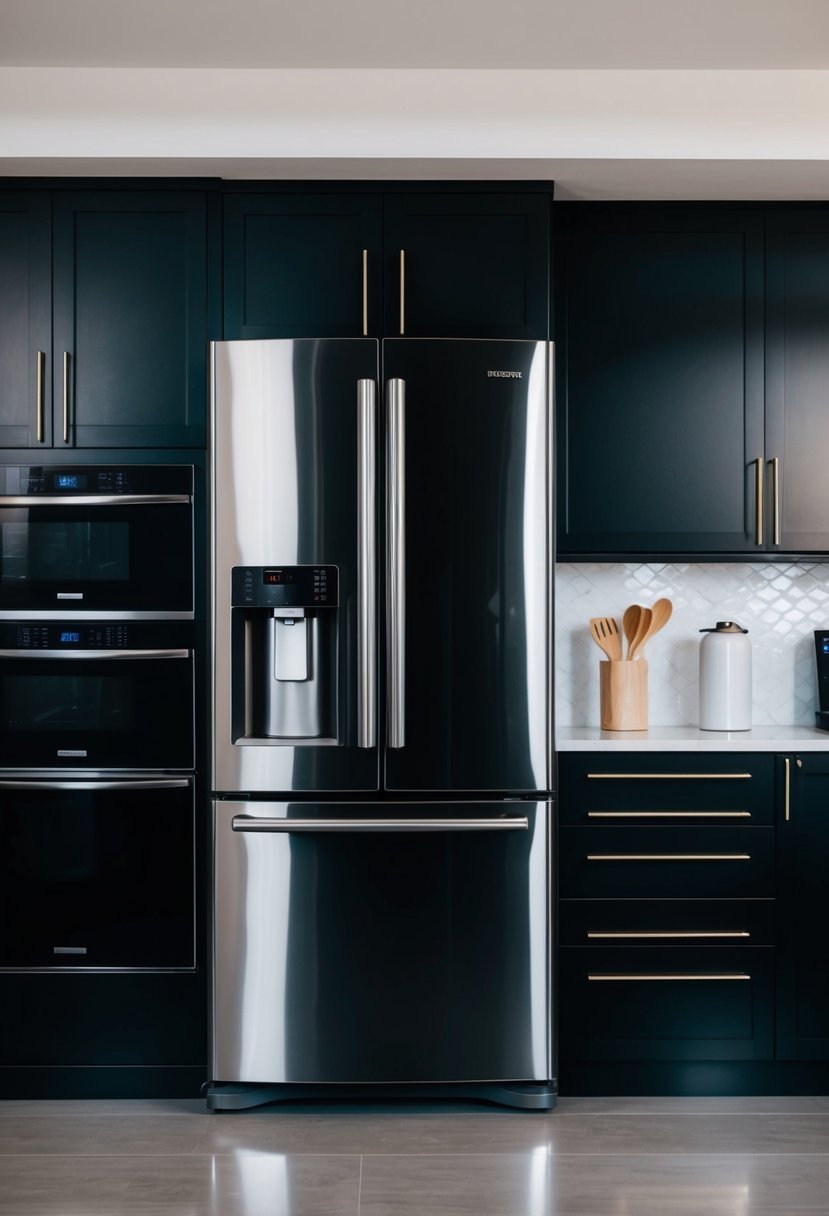 A sleek black stainless steel refrigerator stands in a modern kitchen with 25 other black appliances