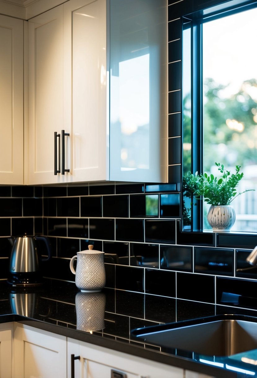 Glossy black tiles cover the kitchen backsplash in a modern, sleek design