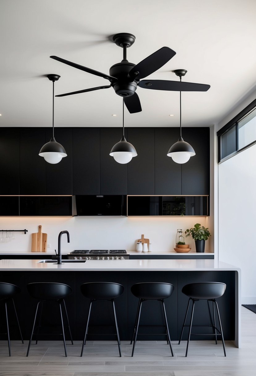 Vibrant black ceiling fans adorn 25 modern kitchens in a sleek, monochromatic design