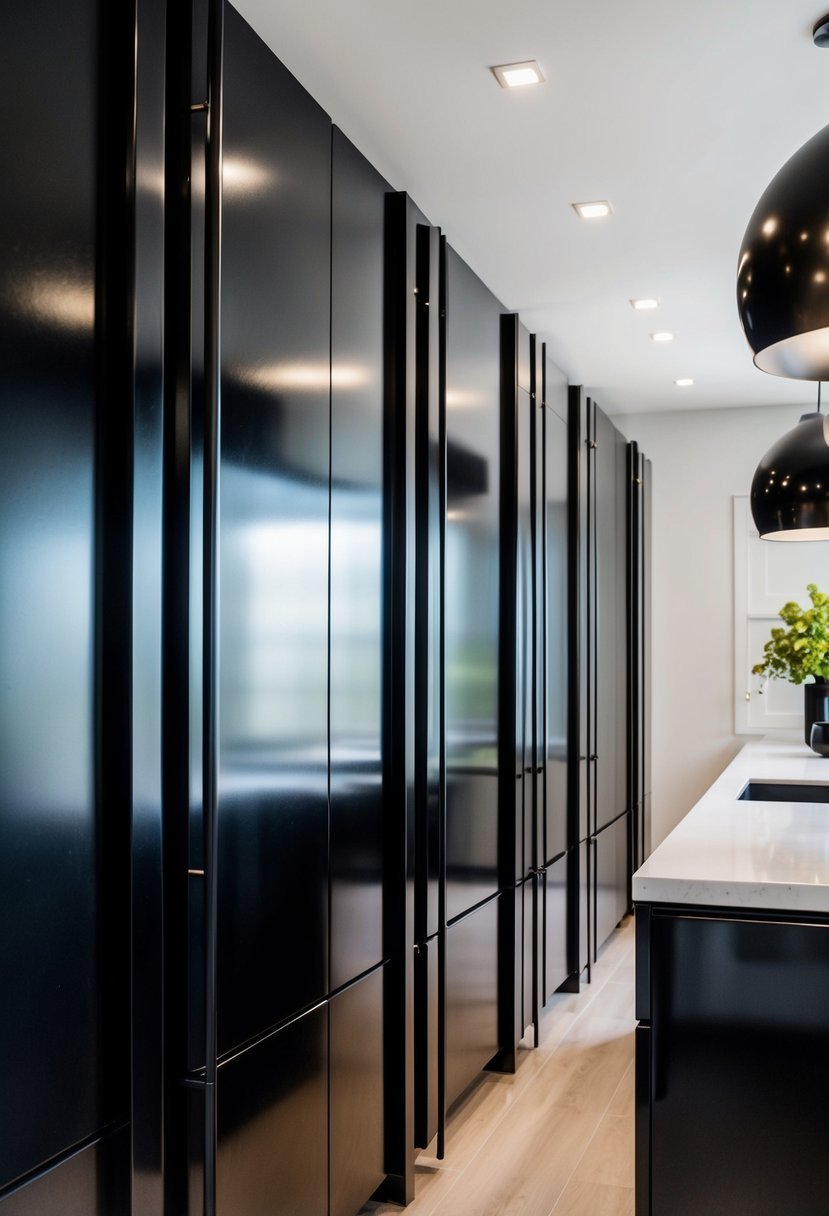 Black storage cabinets line a sleek kitchen with lacquered finishes. The modern design exudes sophistication and elegance