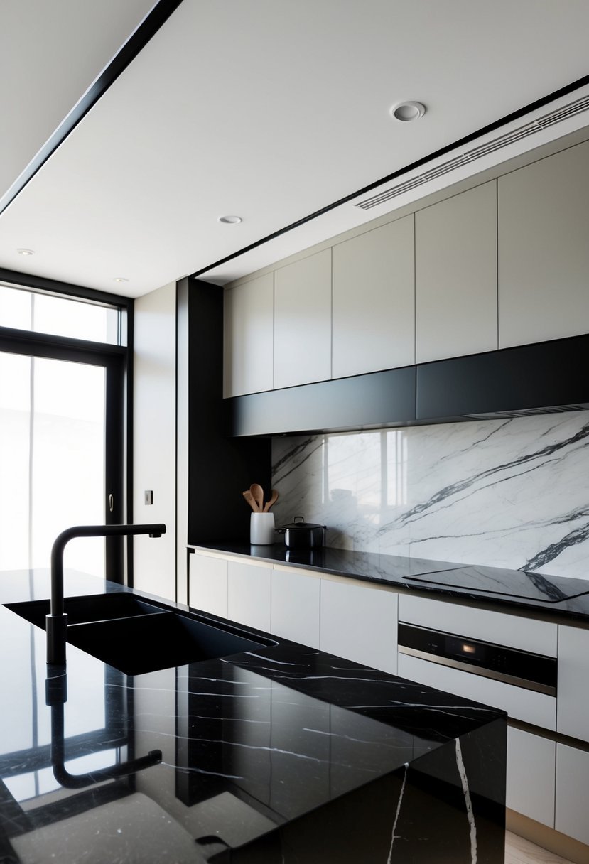 A sleek black marble countertop in a modern kitchen with clean lines and minimalistic design