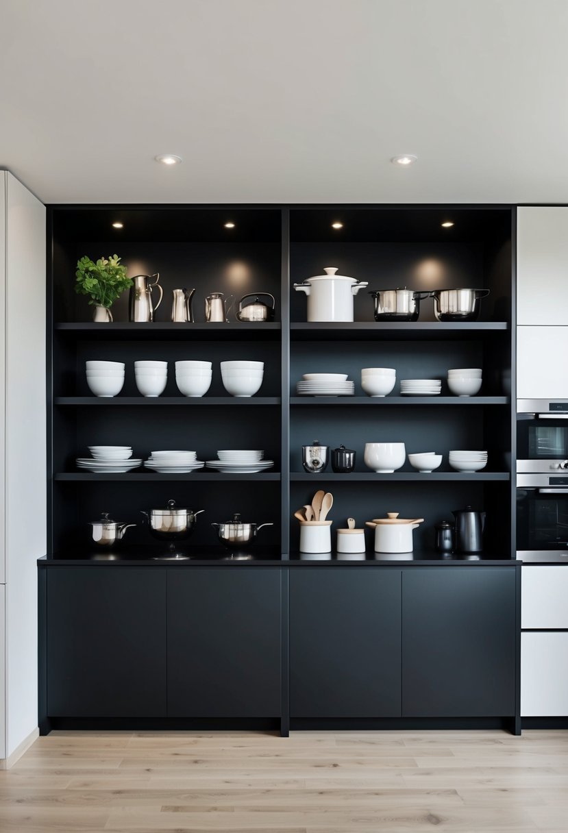 A sleek black open shelving unit in a modern kitchen, showcasing elegant dishware and cookware