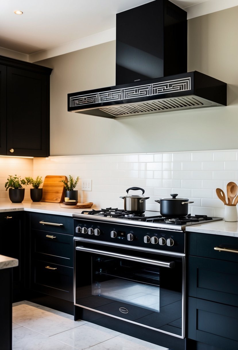 A sleek Art Deco black cooker hood stands out in 25 black kitchens