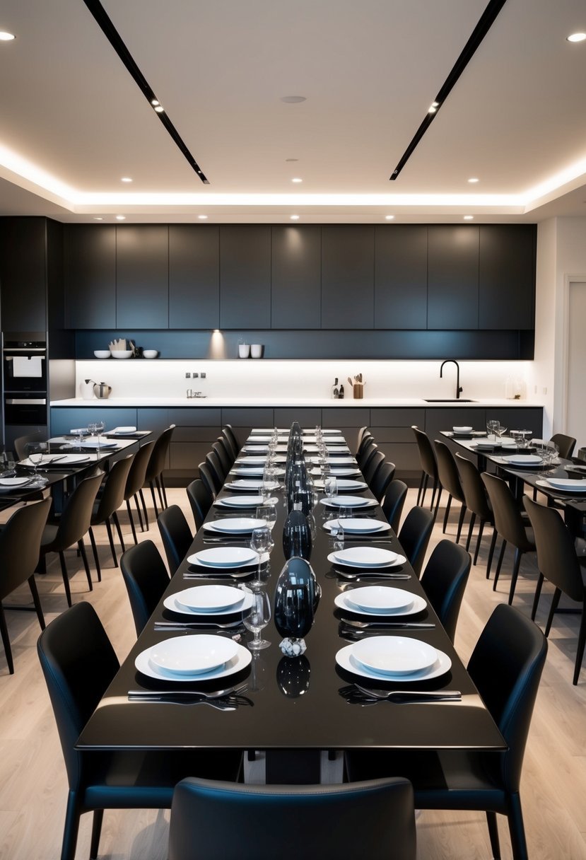 A sleek, modern kitchen with 25 jet black dining tables arranged in various configurations