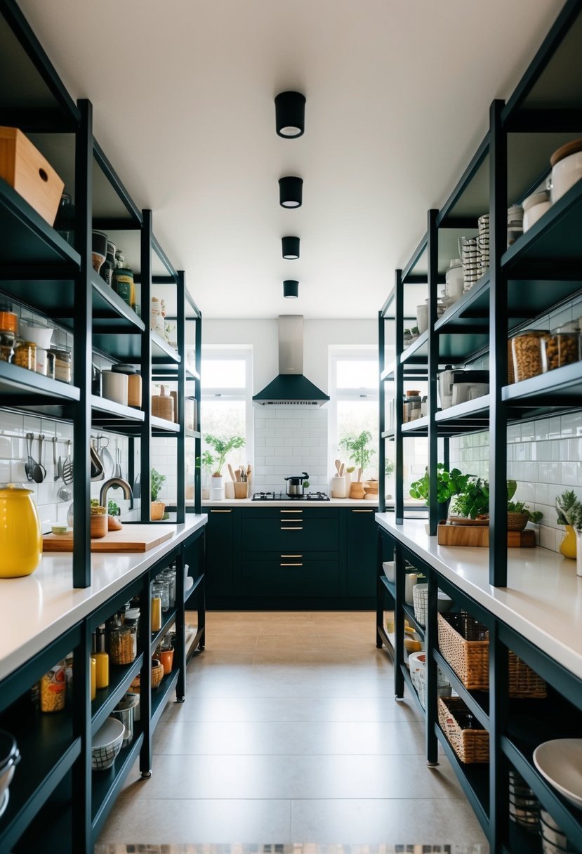 A spacious kitchen with 25 black metal open rack shelving units neatly organized and filled with kitchen items