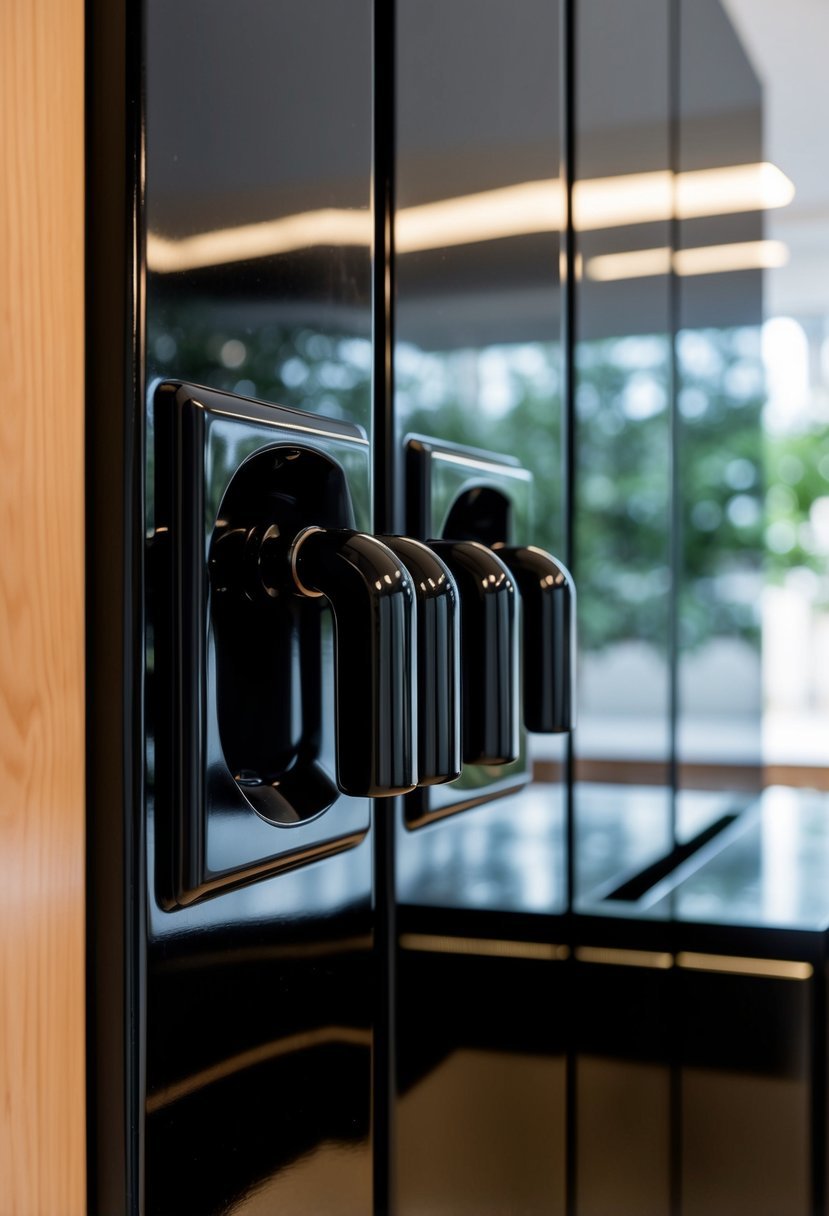 Glossy black door handles on 25 black kitchen cabinets