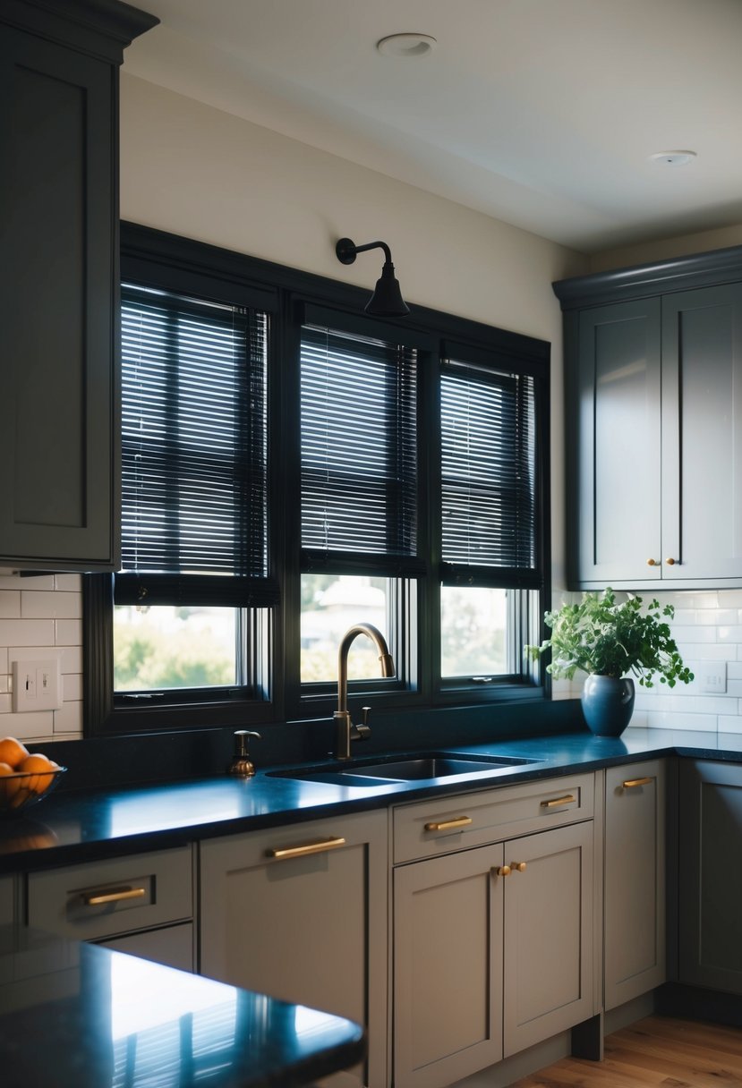 A modern kitchen with black wooden blinds covering the windows