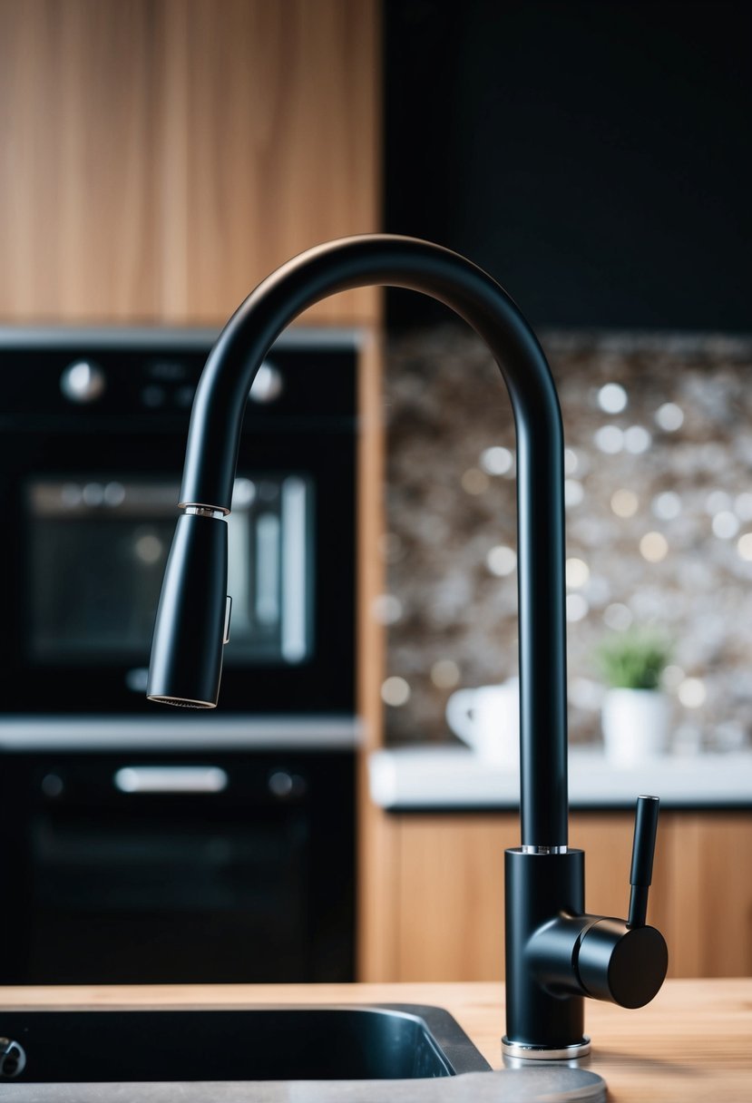 A sleek black kitchen mixer tap stands out against 25 different black kitchen backgrounds