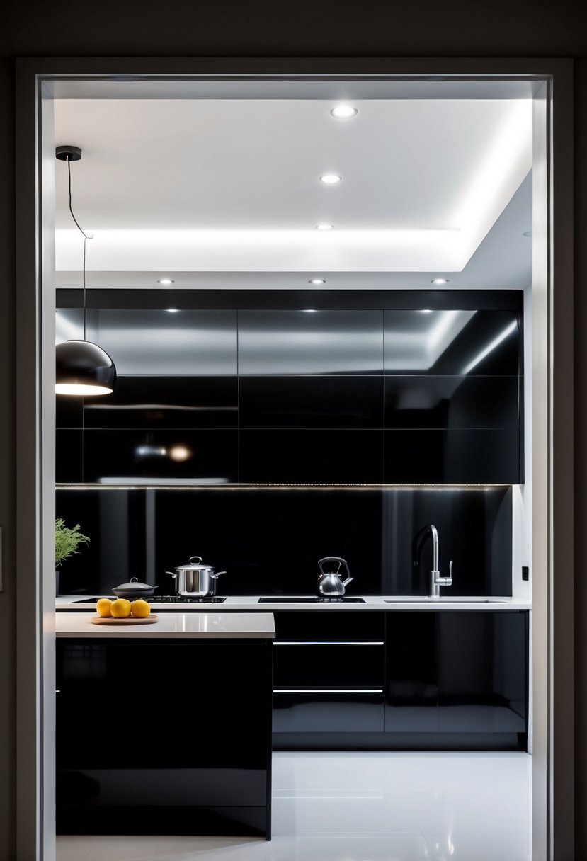 A sleek, modern kitchen with high gloss black wall paint, featuring 25 kitchens in black