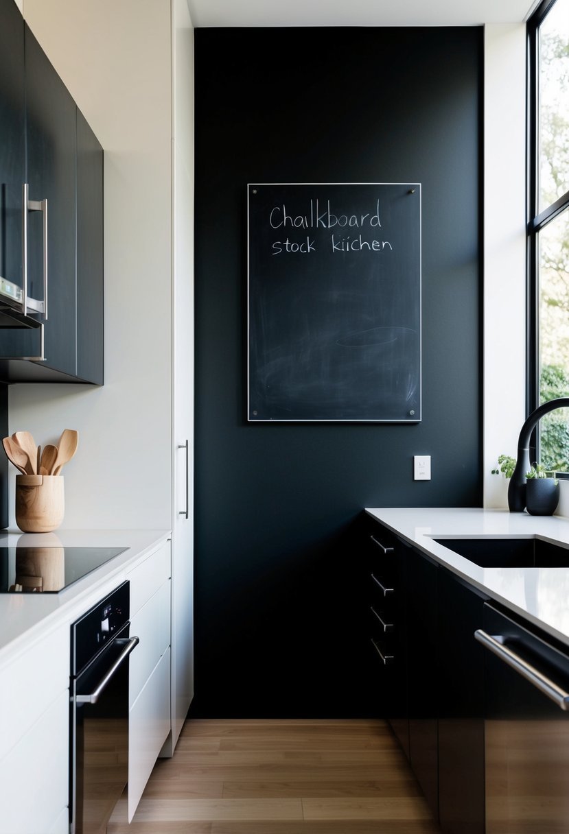 A sleek, modern kitchen with a black chalkboard wall as the focal point. Stainless steel appliances and minimalist design complete the space