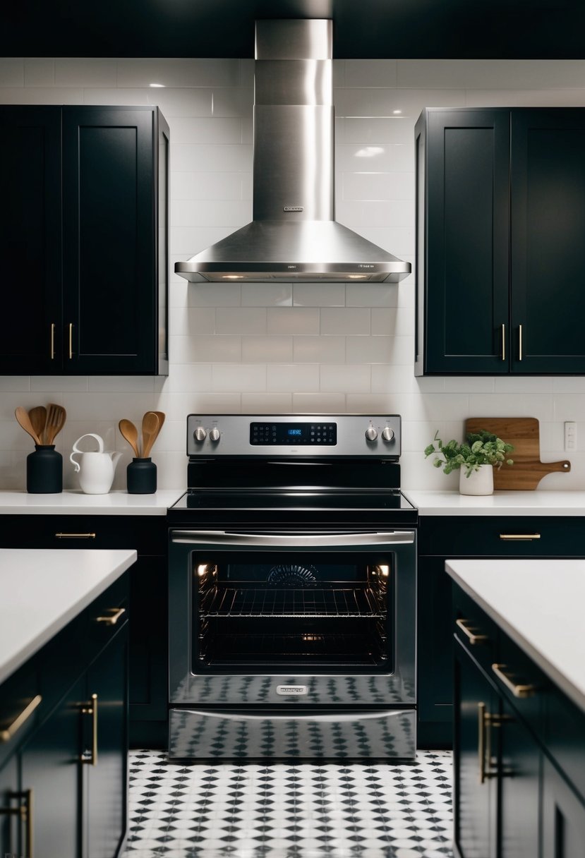 A sleek black oven range stands in a modern kitchen, surrounded by black countertops and cabinets